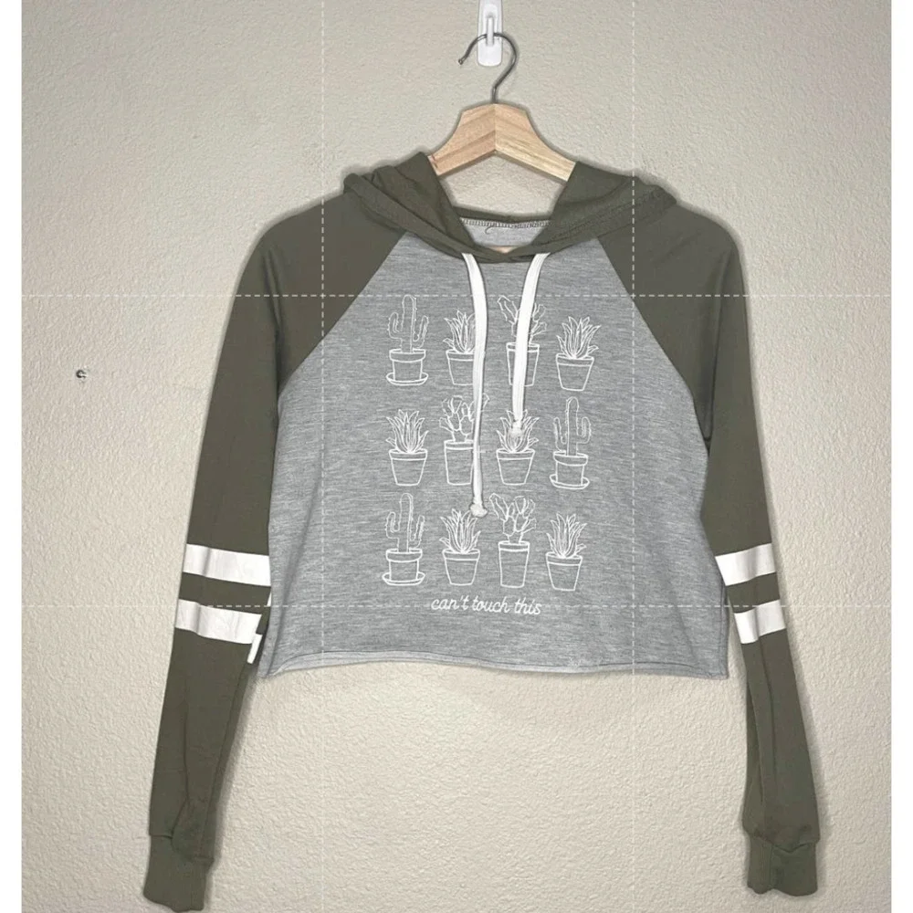 Hoodie‎ Sweater Womens Small Gray Green Cactus Graphic Cropped University Stripe